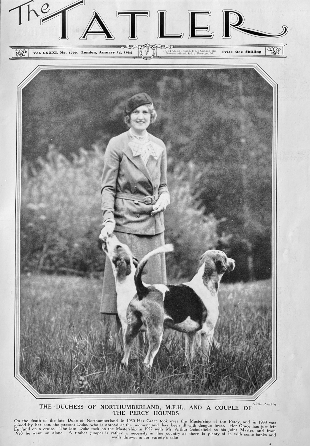 The Duchess of Northumberland M.F.H., and a couple of the Percy Hounds.  19