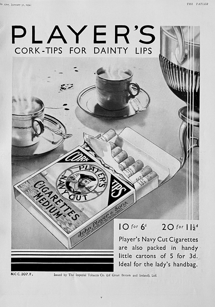 Player' Cork Tip Navy Cut Cigarettes.  1934.