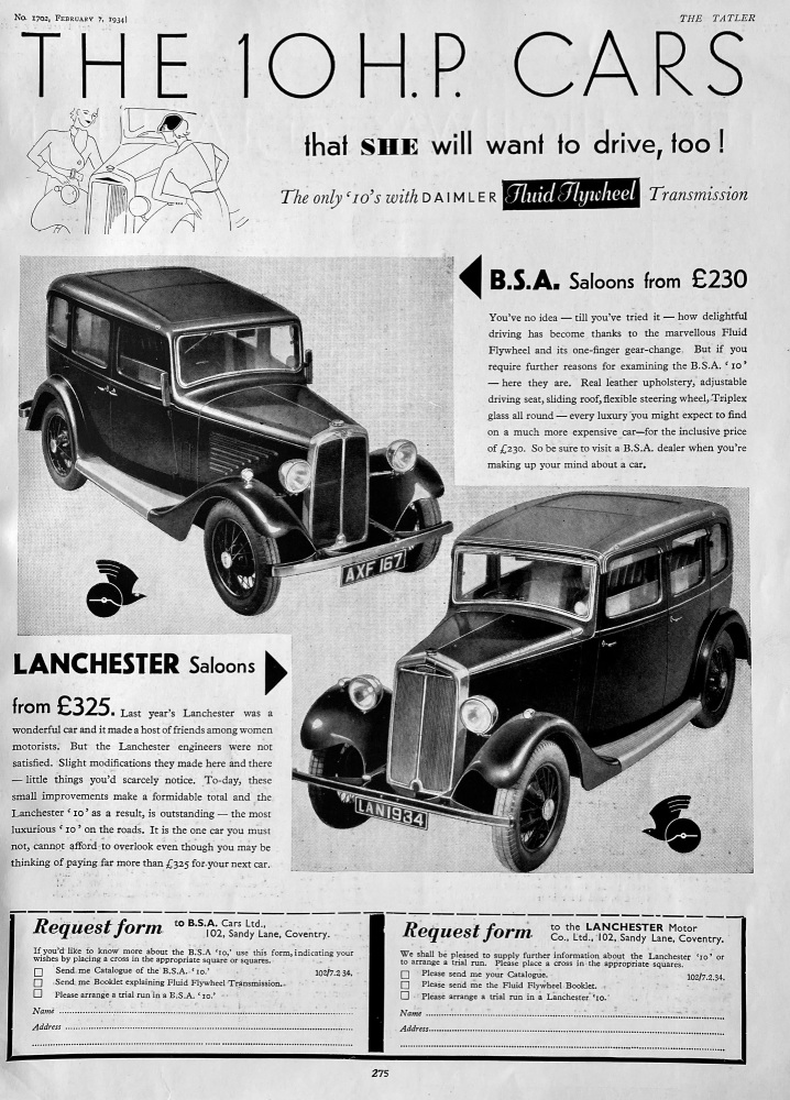 The !0 H.P. Cars , The B.S.A, Saloons and the Lanchester Saloons.  1934.