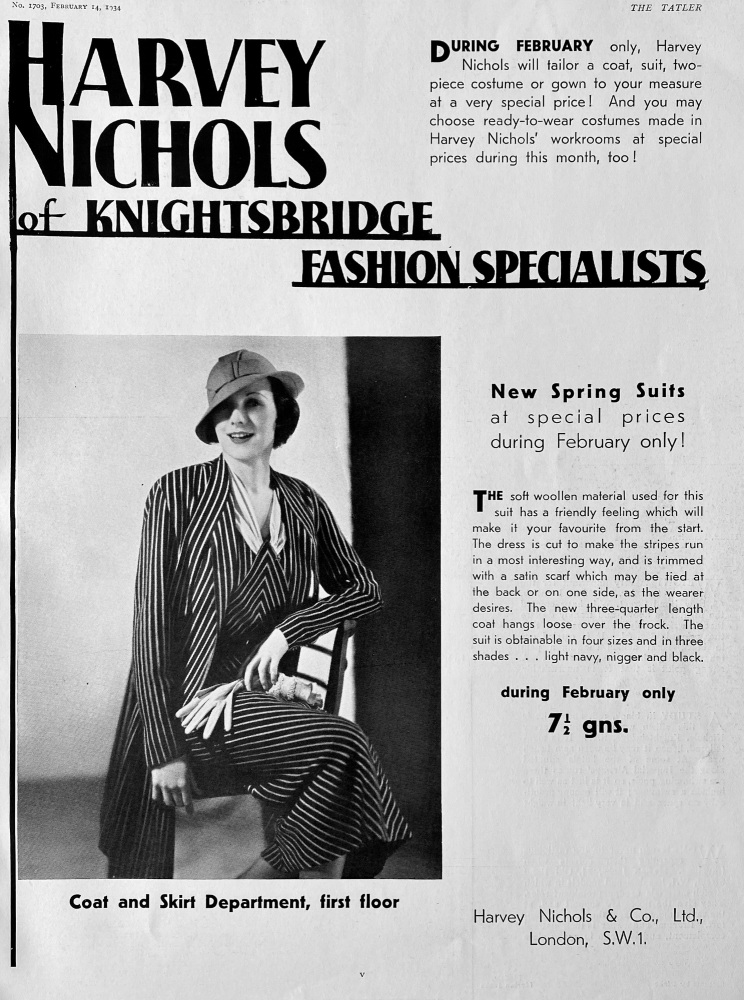 Harvey Nichols of Knightsbridge. (Fashion Specialists).  1934.