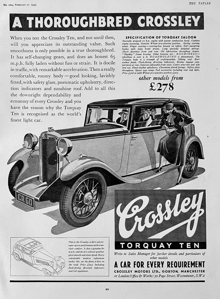 Crossley Torquay Ten Motor Car.  1934.