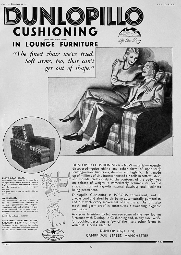 Dunlopillo Cushioning  in Lounge Furniture.  1934.