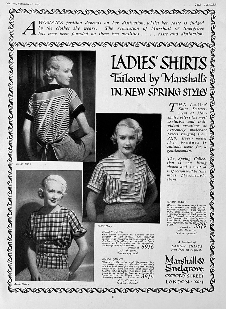 Marshall & Snelgrove.  (Fashion).  1934.