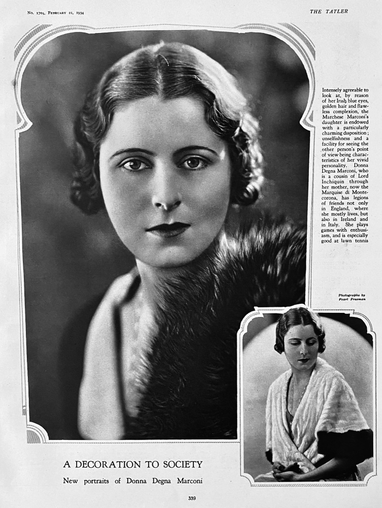 A Decoration to Society :  New Portraits of Donna Degna Marconi.  1934.