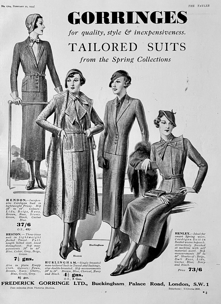 Gorringes for Quality, style, & Inexpensive Tailored Suits from the Spring Collections.  1934.