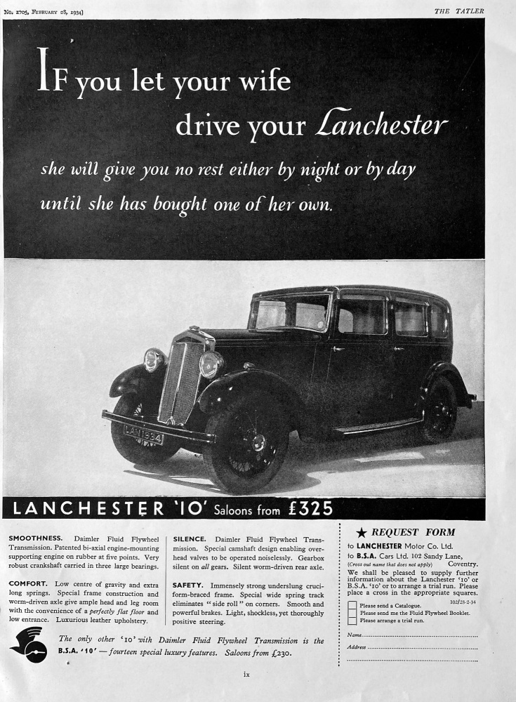 Lanchester Motor Cars.  1934.