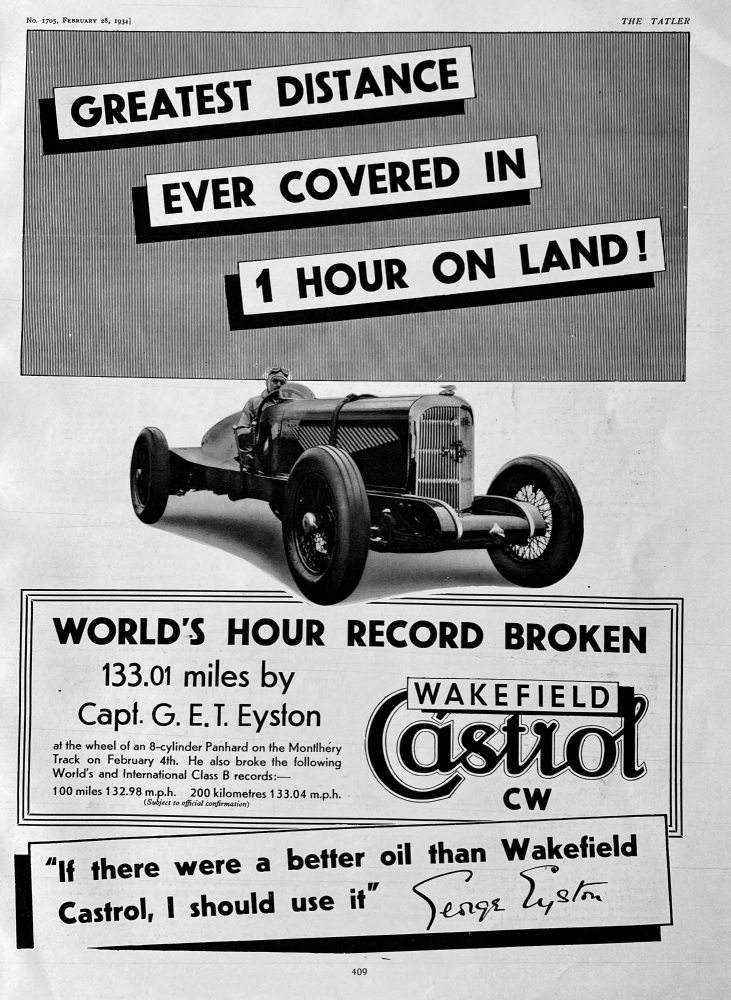 Wakefield Castrol Oils.  1934.