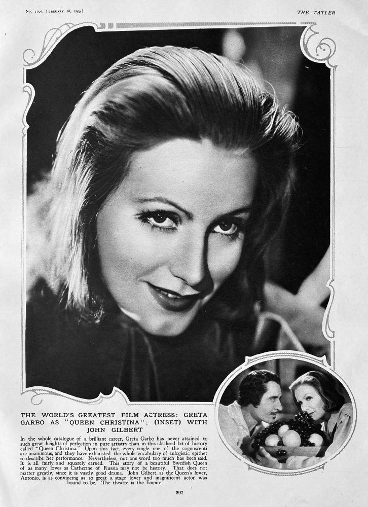 The World's Greatest Film Actress :  Greta Garbo as "Queen Christina"  :  (Inset) with John Gilbert.  1934.