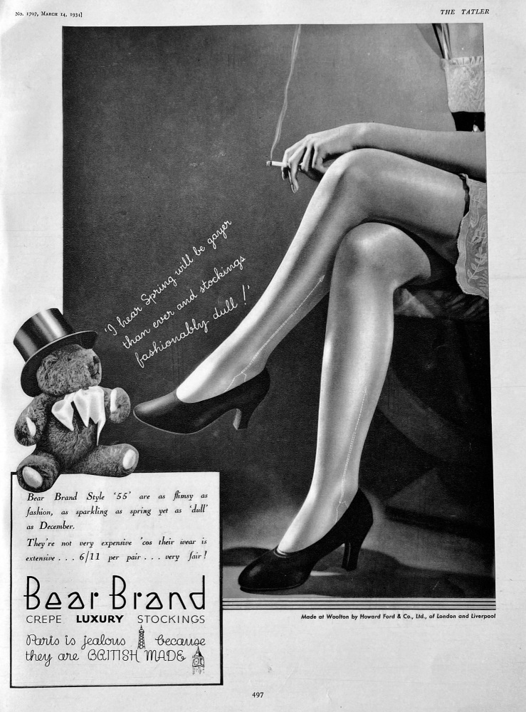 The Bear Brand, Crepe Luxury Stockings.  1934.