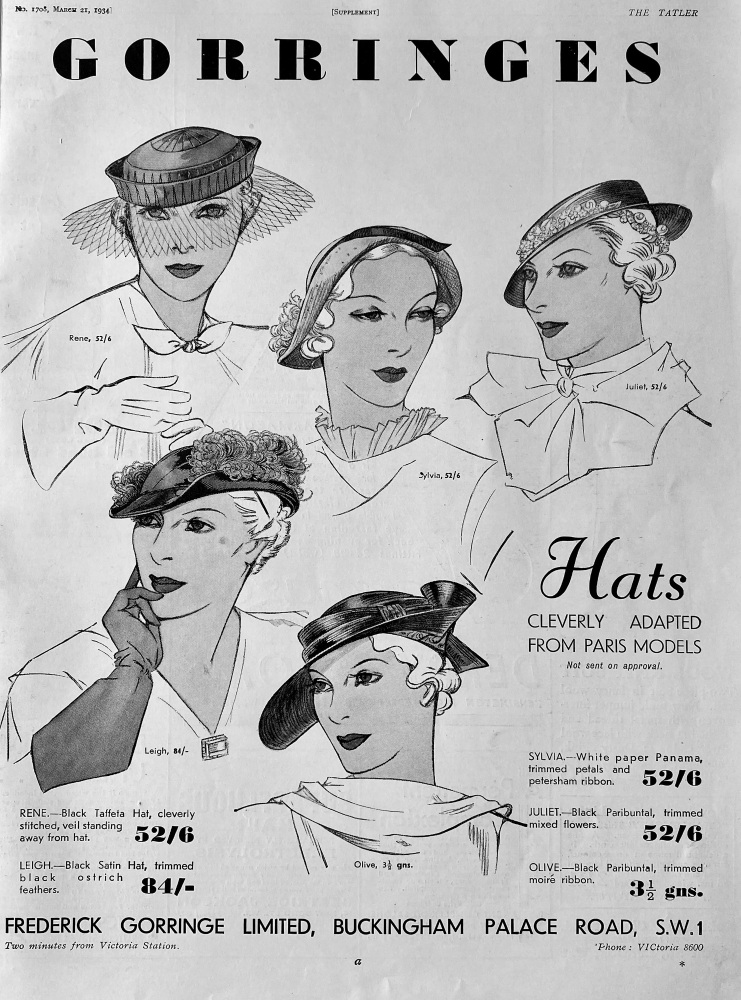 Gorringes, Hats cleverly adapted from Paris Models.  1934.