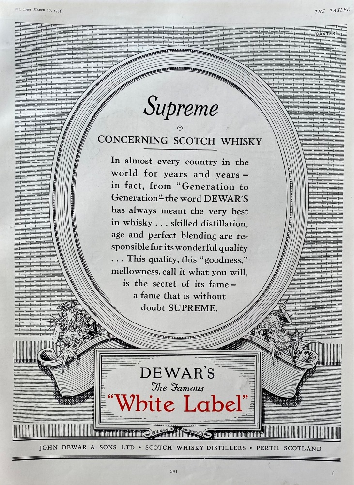 Dewar's the Famous "White Label"  Whisky.  1934.