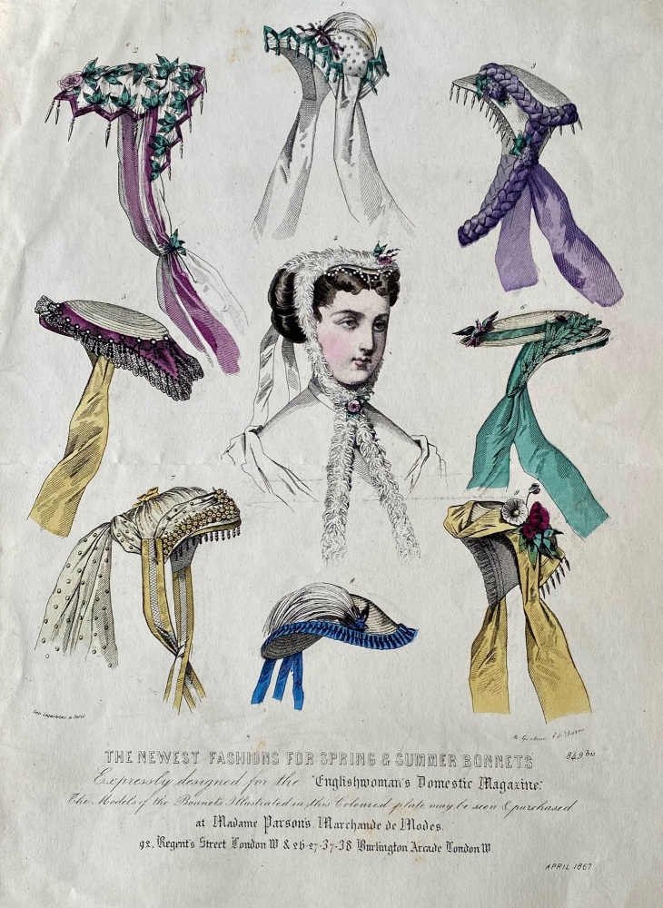 The newest Fashions for Spring & Summer Bonnets,  1867.