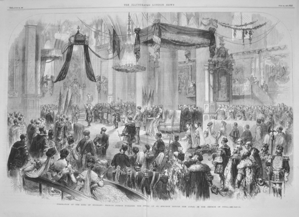 Coronation of the King of Hungary :  Francis Joseph Wielding the Sword of St, Stephen before the Altar in the Church of Buda.  1867.