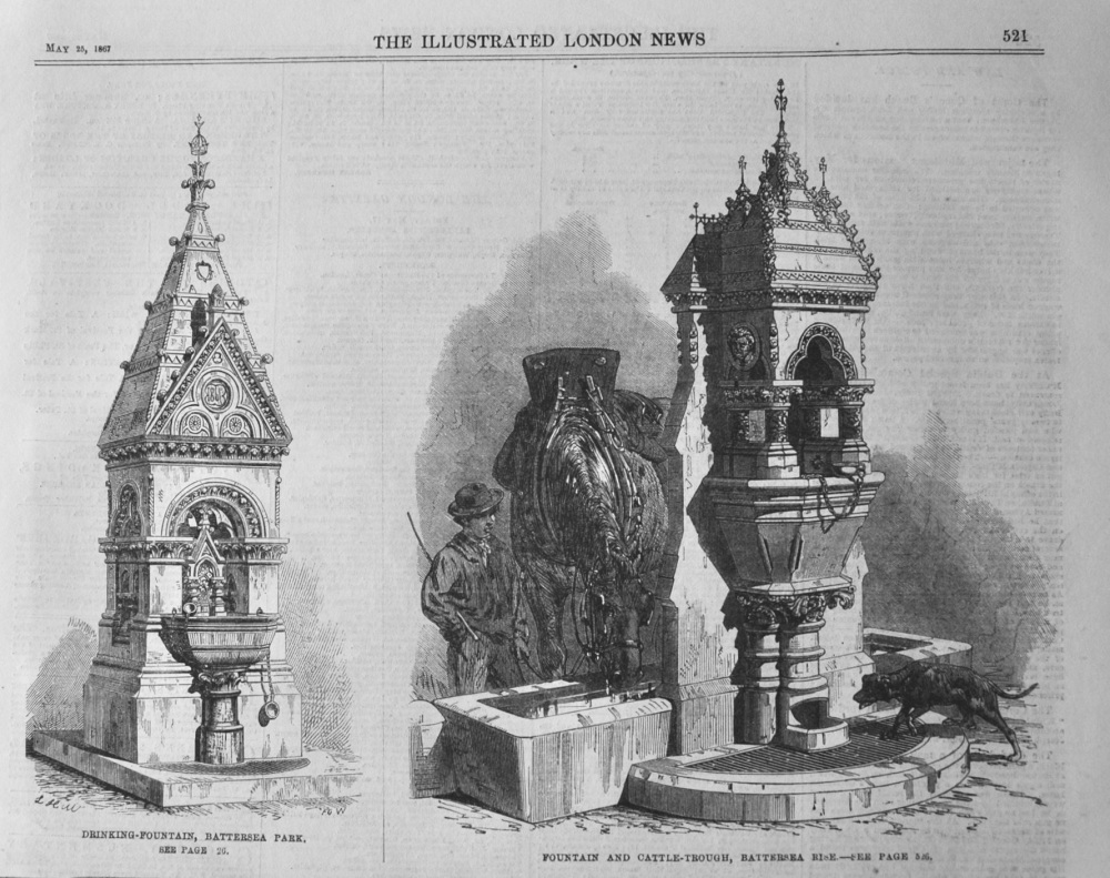 Drinking Fountain, Battersea Park.  &  Fountain and Cattle-Trough, Battersea Rise.  1867.