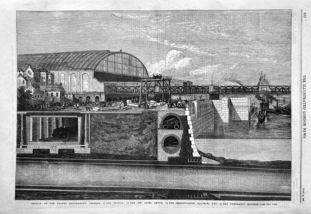 Section of the Thames Embankment, showing (1) The Subway,   (2) The Low Level Sewer, (3) The Metropolitan Railway, and (4)The Pneumatic Railway.  1867