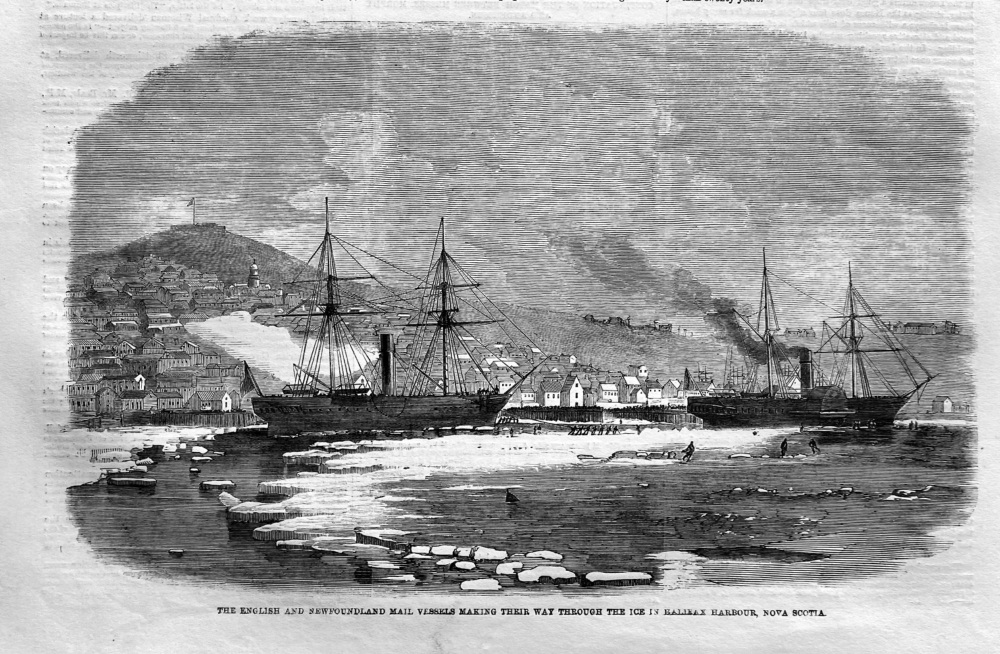 The English and Newfoundland Mail Vessels making their way through the Ice in Halifax Harbour, Nova Scotia.  1859.