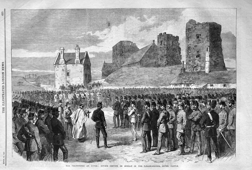 The Volunteers at Dover :  Divine service on Sunday in the Parade-Ground, Dover Castle.  1867.