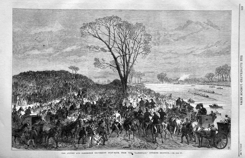The Oxford and Cambridge University Boat-Race, from the "Sandhills," opposite Chiswick.  1867.