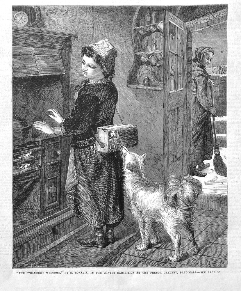 "The Stranger's Welcome," by  G. Bonavia, in the Winter Exhibition at the French Gallery, Pall-Mall.  1867.