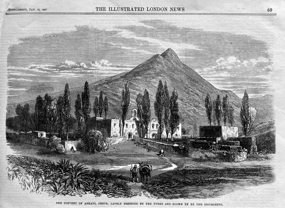 The Convent of Arcadia, Crete, Lately Besieged by the Turks and Blown up by the Insurgents.  1867.