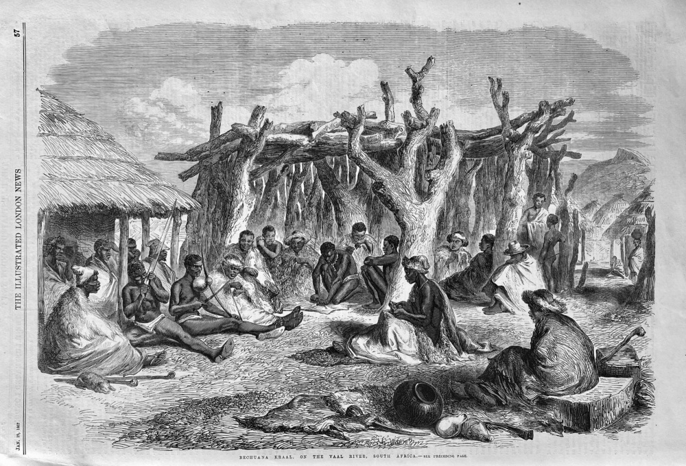 Bechuana Kraal, on the Vaal River, South Africa.  1867.