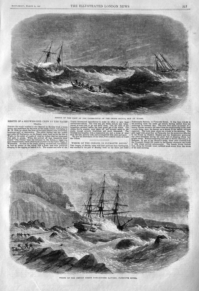 Rescue of a Shipwrecked Crew by the Yacht Urania. &  Wreck of the Oregon, in Plymouth Sound.'