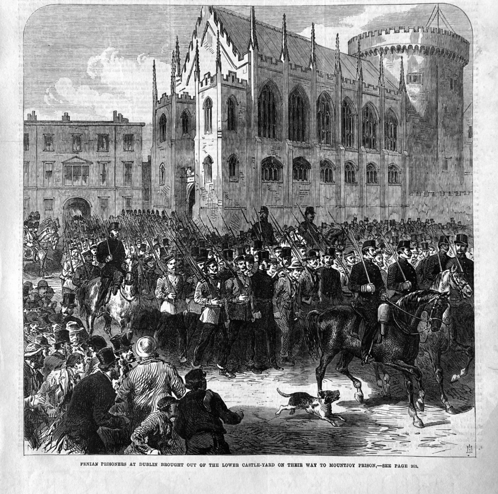 Fenian Prisoners at Dublin  brought out of the Lower Castle-Yard on their way to Mountjoy Prison.  1867.