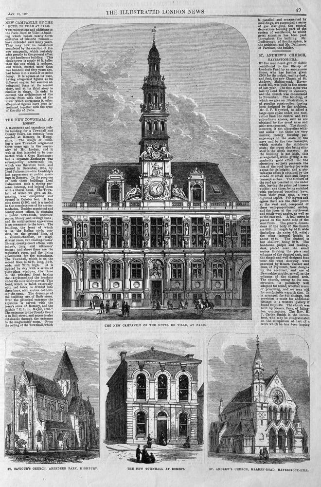 The New Campanile of the Hotel De Ville, at Paris.  St, Saviour's Church,  Highbury.  Romsey Townhall.  St. Andrew's Church, Haverstock Hill.  1867.