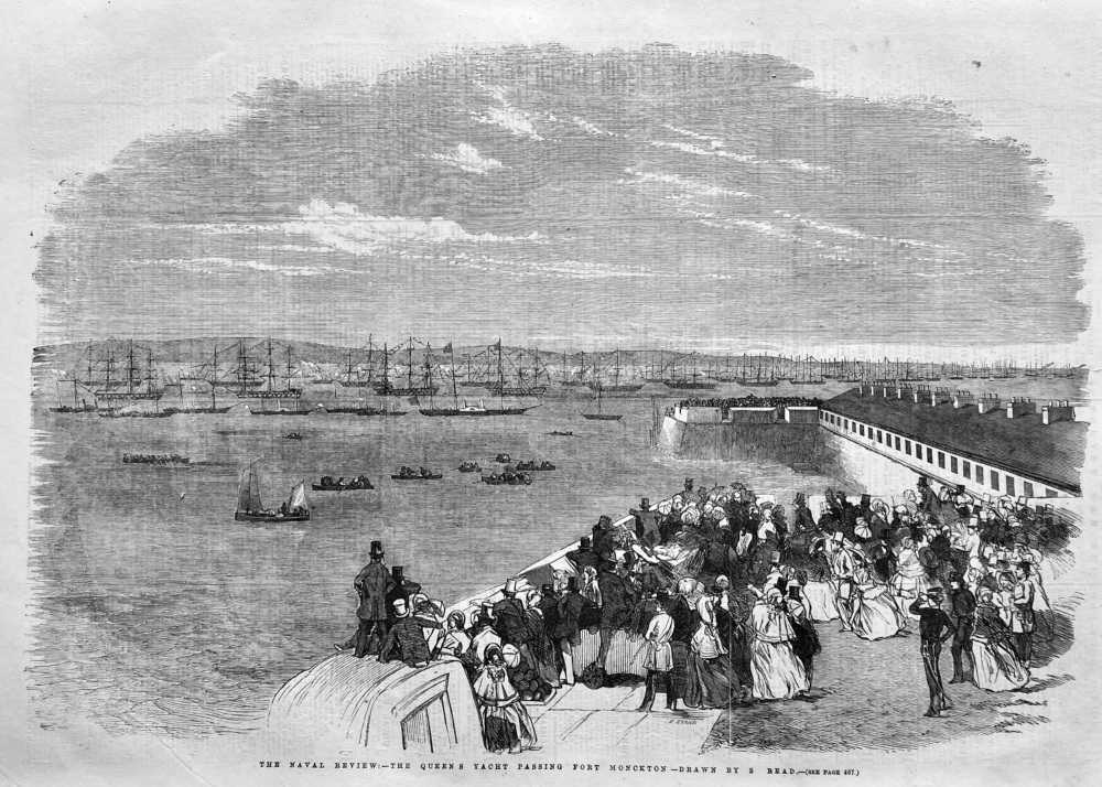 The Naval Review :-The Queen's Yacht Passing Fort Monckton-  Drawn by F. Read. 1856.