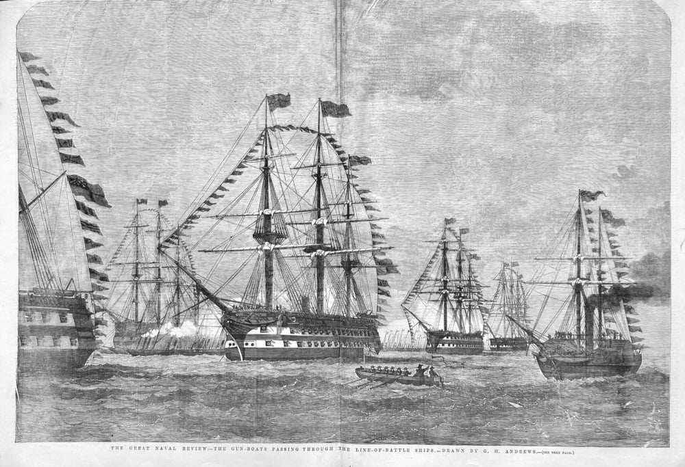 The Great Naval Review :- The Gun-Boats Passing through the Line-of-Battle Ships.  1856.