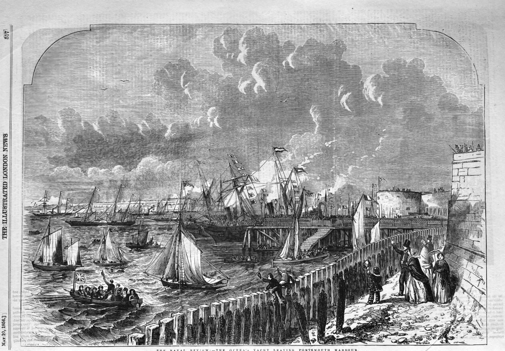 The Naval Review :- The Queen's Yacht Leaving Portsmouth Harbour  1856.