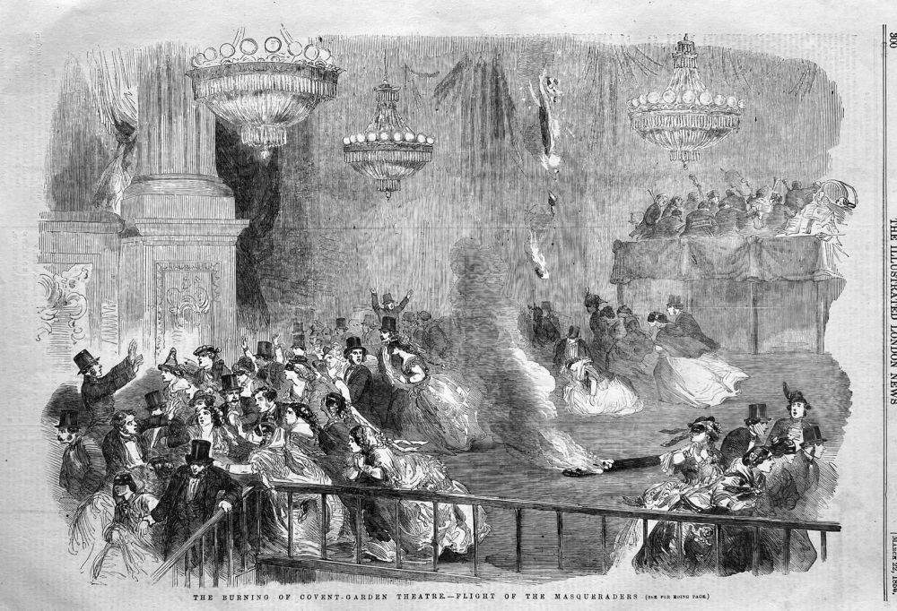 The Burning of Covent-Garden Theatre,- Flight of the Masqueraders.  1856.