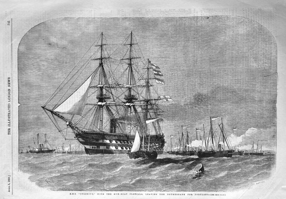 H.M.S.  "Colossus,"  with the Gun-Boat Flotilla,  Leaving the Motherbank for Portland.  1856.