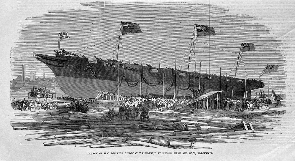 Launch of  H.M. Dispatch Gun-Boat "Vigilant," at Messrs. Mare and Co.'s, Blackwall.  1856.