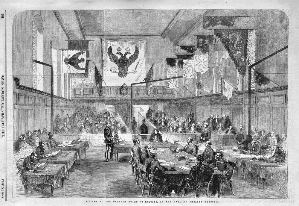 Sitting of the Crimean Board of inquiry, in the Hall of Chelsea Hospital.  1856.