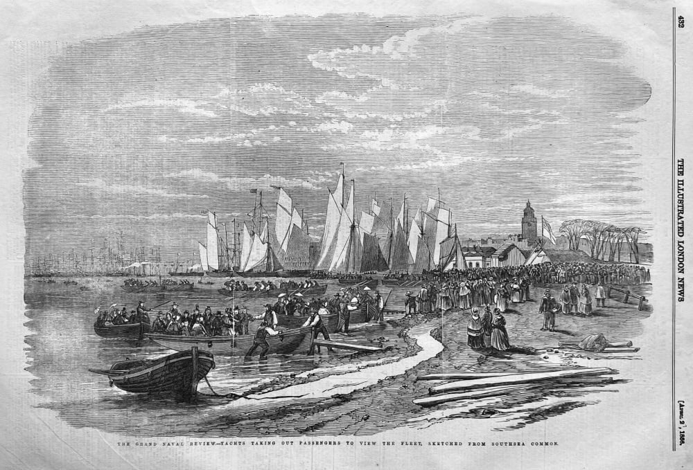 The Grand Naval Review.-  Yachts taking out Passengers to View the Fleet, Sketched from Southsea Common. 1856.