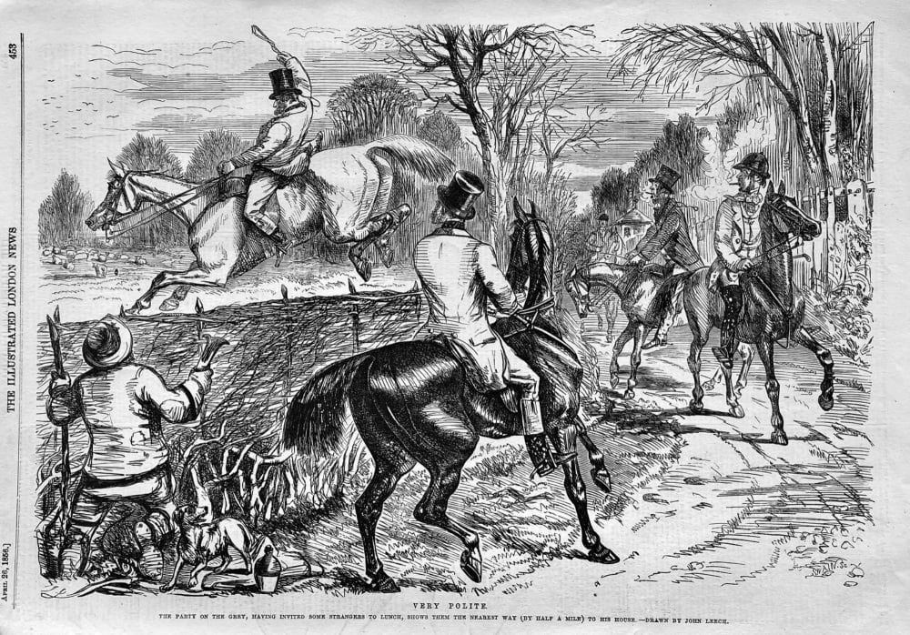 Very Polite.  the Party on the Grey, having invited some strangers to Lunch, shows them the nearest way  (By Half a mile) to his House.  1856.