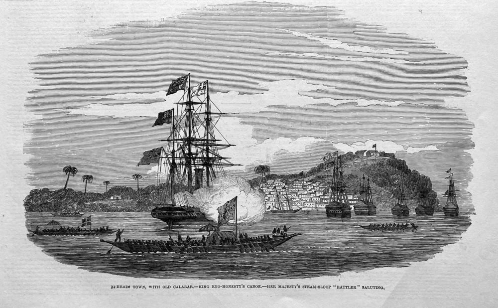 Ephraim Town, with Old Calabar.- King Eyo-Honesty's Canoe,- Hr Majesty's Steam-Sloop "Rattler" Saluting.  1850.