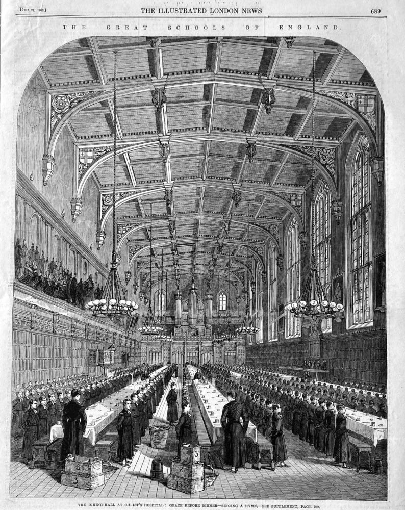 The Great Schools of England :  The Dining-Hall at Christ's Hospital : Grace before Dinner - Singing a Hymn.  1862.