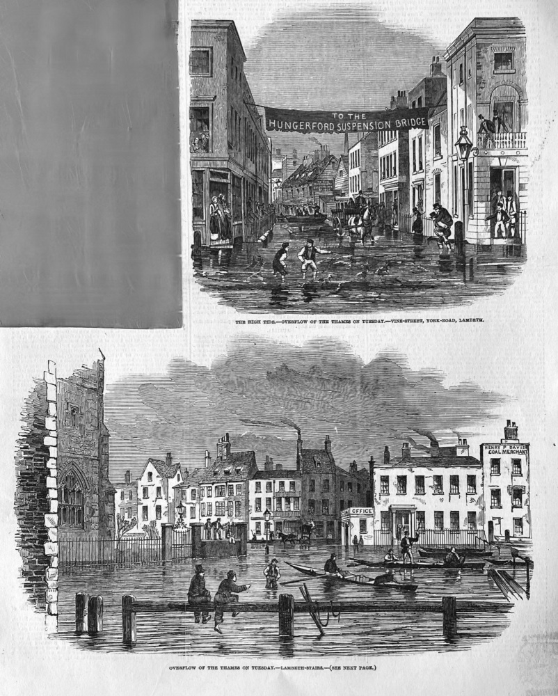 The High Tide.- Overflow of the Thames on Tuesday.- Vine-Street, York-road, Lambeth.  &  Overflow of the Thames on Tuesday.- Lambeth Stairs. 1850.