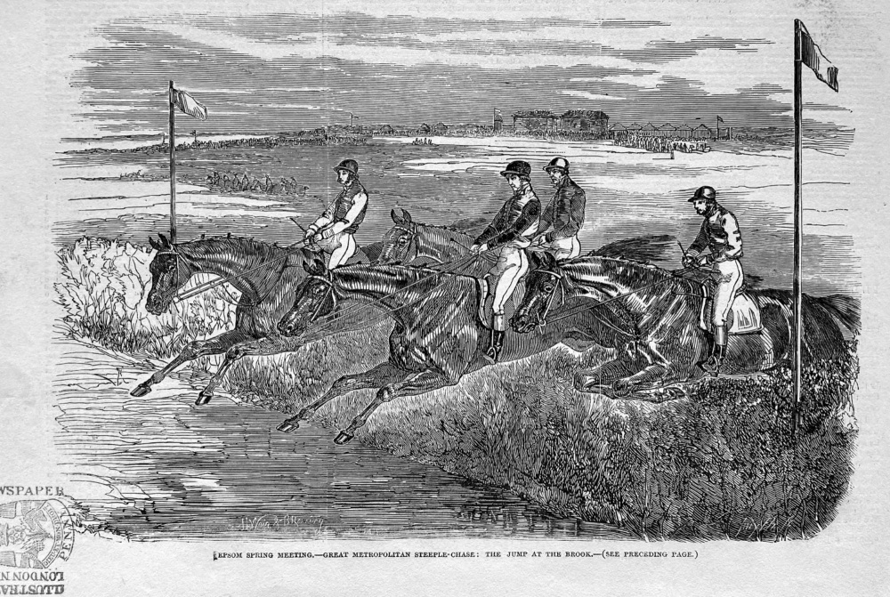 Epsom Spring Meeting.- Great Metropolitan Steeple-chase :  The jump at the Brook.  1850.