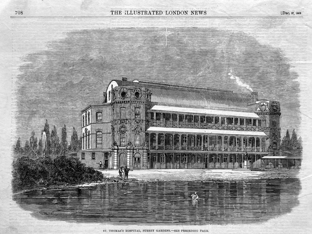 St. Thomas's Hospital, Surrey Gardens.  1862.