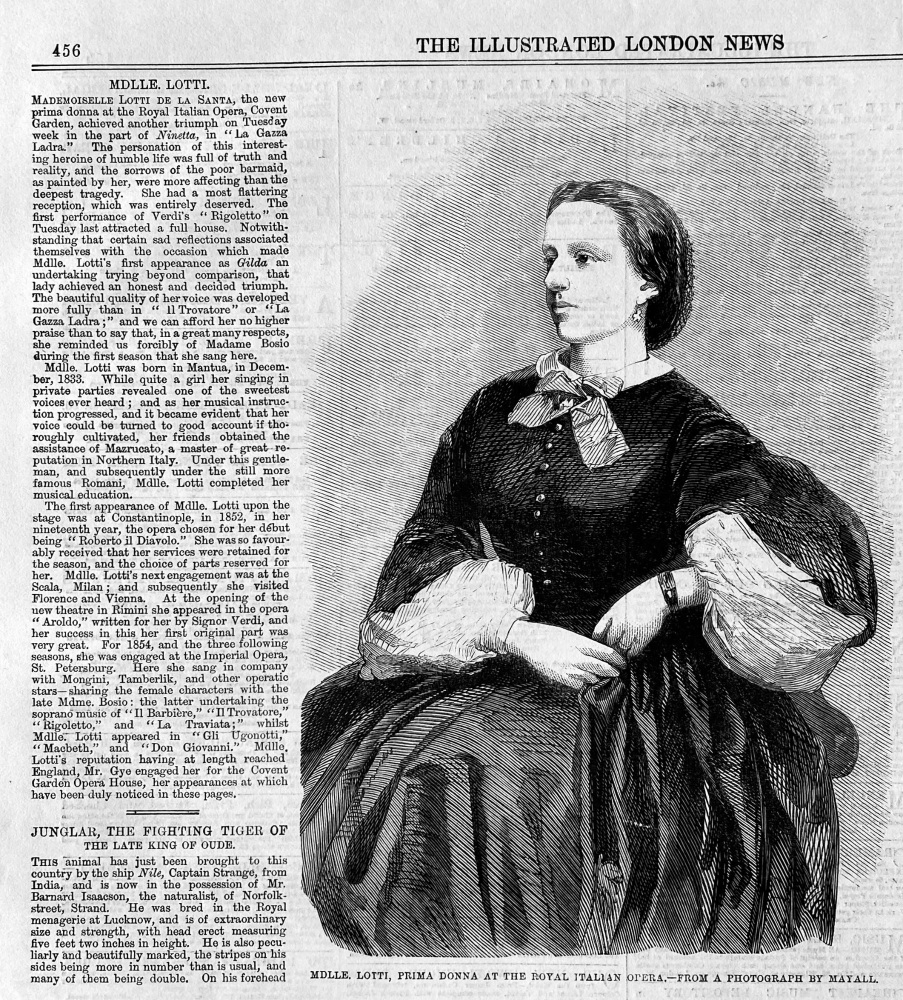 Mdlle. Lotti,  Prima Donna at the Royal Italian Opera.  1859.
