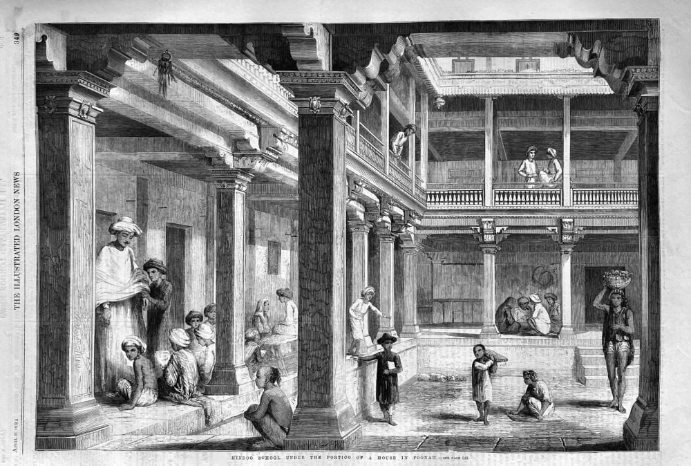 Hindoo School under the Portico of a House in Poonah.  1859.