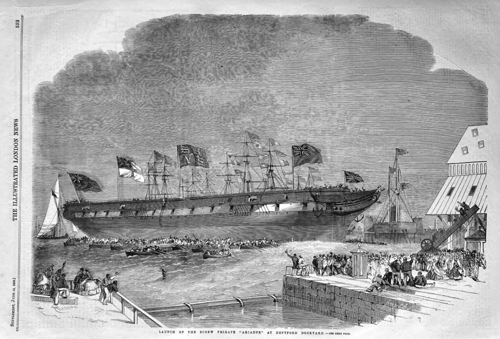 Launch of the Screw Steam-Frigate "Ariadne" at Deptford Dockyard.  1859.