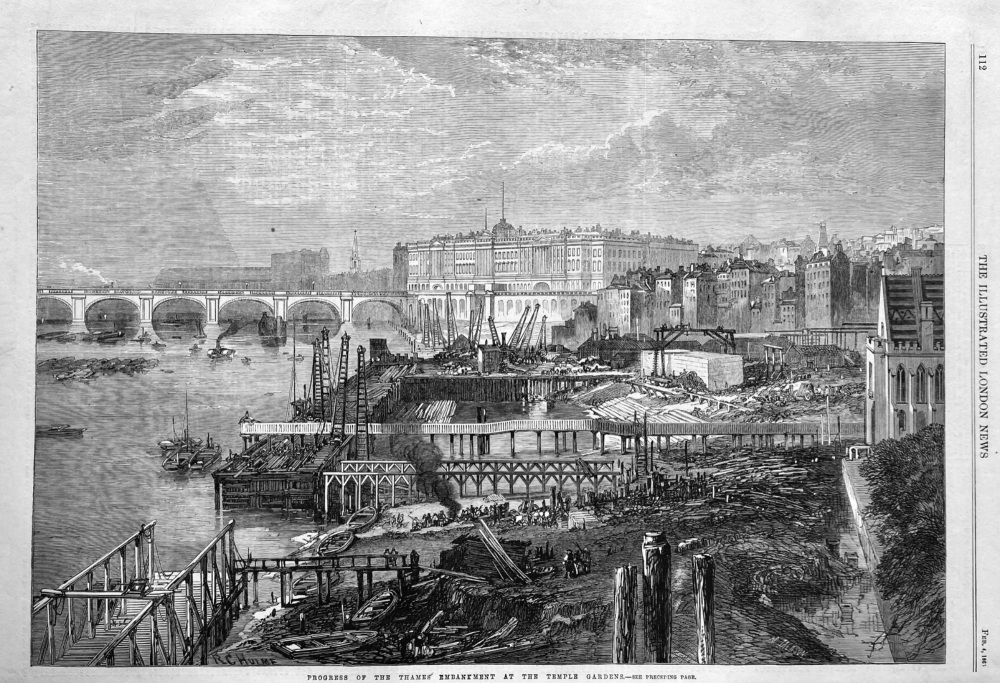 Progress of the Thames Embankment at the Temple Gardens.  1865.