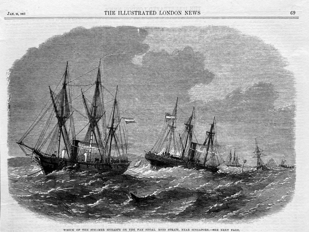 Wreck of the Steamer Hydaspe on the Pan Shoal  Rhio Strait, near Singapore.  1865.