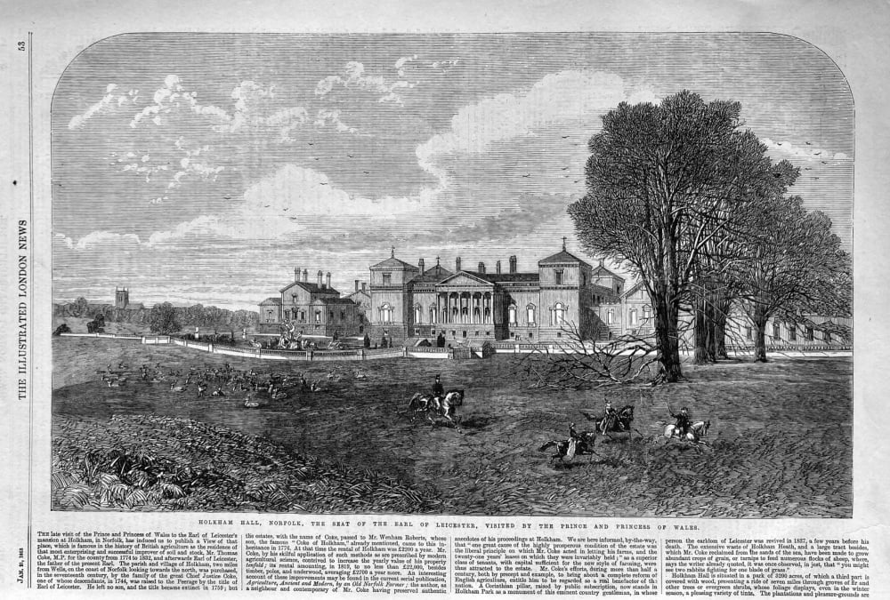 Holkham Hall, Norfolk, The Seat of the Earl of Leicester, Visited by the Prince and Princess of Wales. 1865.