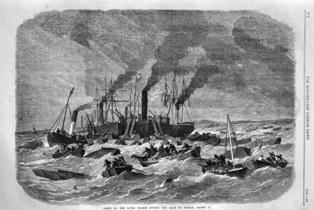 Scene on the River Thames during the Gale on Sunday, March 19th, 1865.