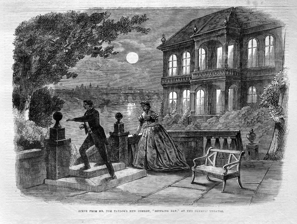 Scene from Mr. Tom Taylor's New Comedy, "Settling Day," at the Olympic Theatre.  1865.